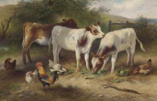 Walter Hunt - Calves, chickens and a cockerel