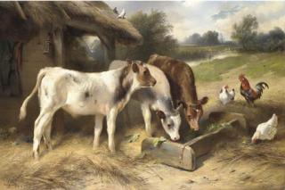 Walter Hunt - Calves feeding, with chickens and doves beside a barn