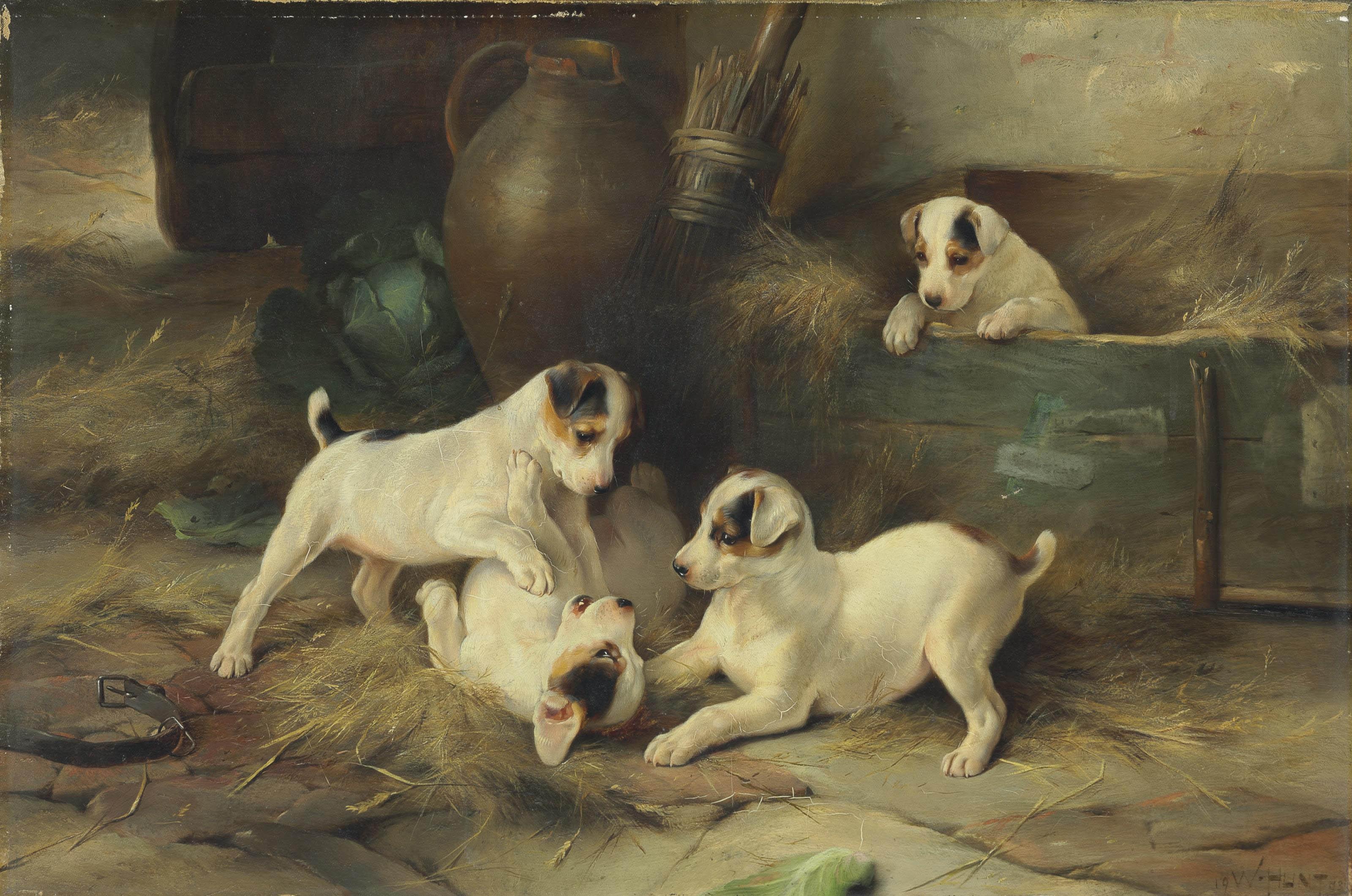 Walter Hunt - Four Puppies at Play