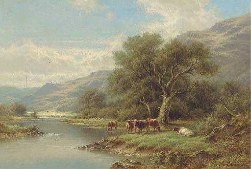 Walter J. Watson - Cattle On The Bank of A River; And Sheep Grazing By A River