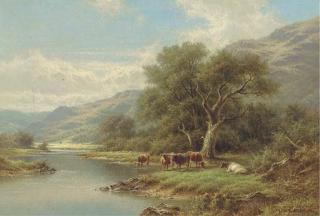 Walter J. Watson - Cattle On The Bank of A River; And Sheep Grazing By A River
