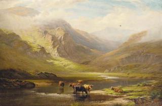 Walter J. Watson - Cattle watering in a Highland landscape