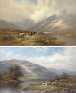 Walter J. Watson - Sheep grazing on a river bank; and cattle beside a loch