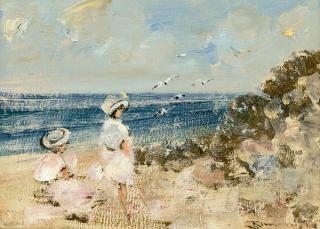 Walter John Beauvais - A busy beach; and Elegant ladies enjoying the sun