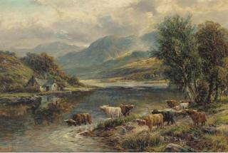 Walter Langley, R.I. - Highland cattle in a mountainous landscape