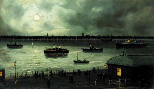 Walter Linsley Meegan - Shipping on a moonlit river