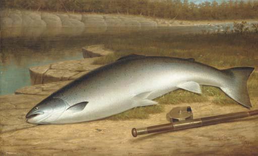 Walter M. Brackett - The Big Catch - A Salmon on a River Bank