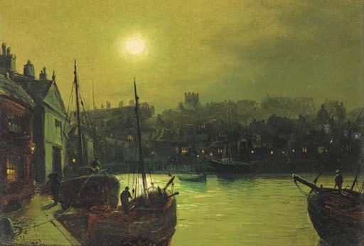 Walter Meegan - Fishing boats at the quay by moonlight; and Another similar