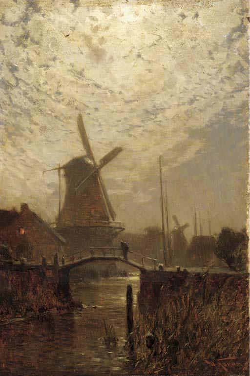 Walter Moras - A figure crossing a bridge over a Dutch waterway by moonlight