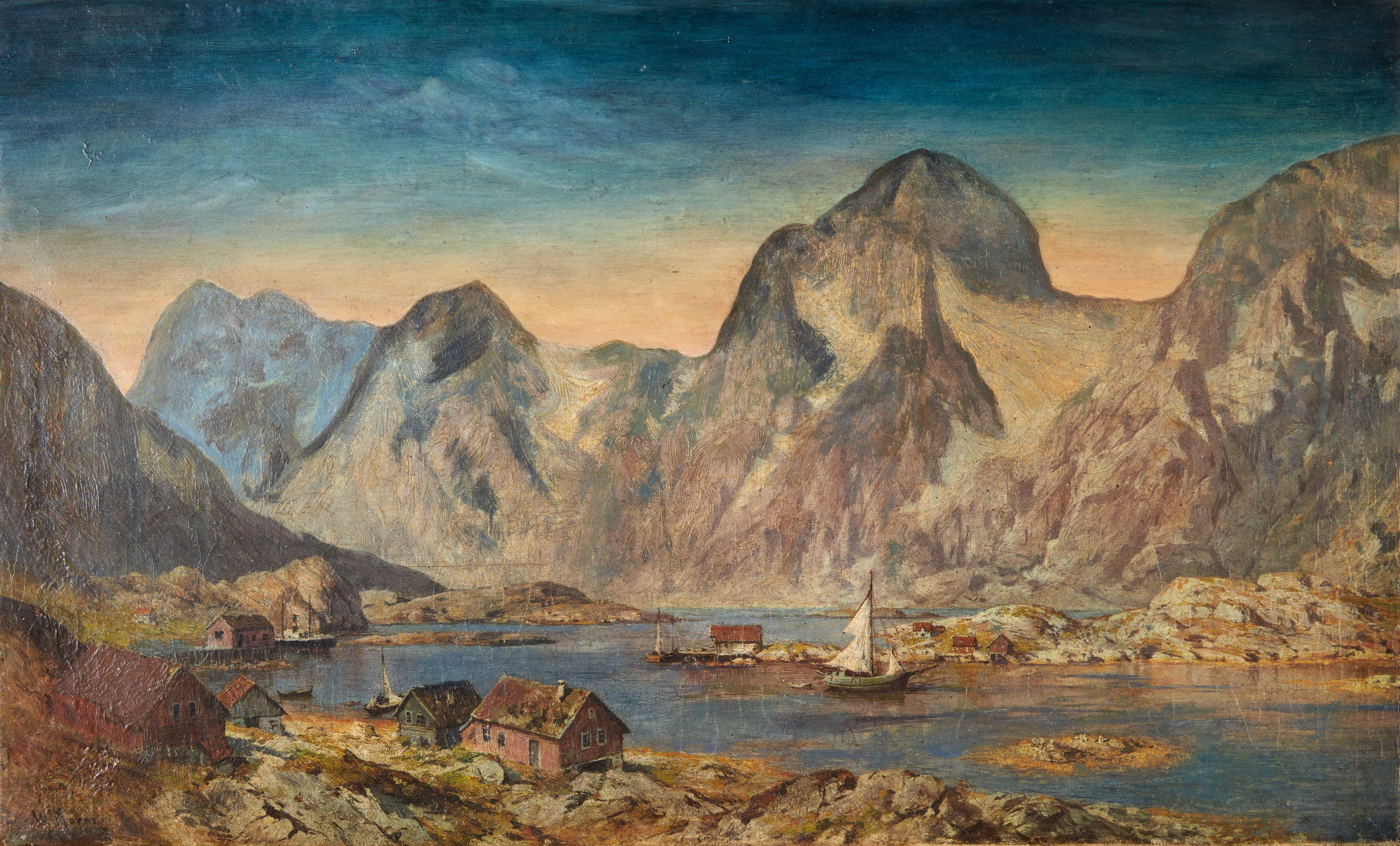 Walter Moras - Fishing Shacks on the Shore of a Mountain Lake framed 56.2 x 80.0 x 3.8 cm (22 1/8 x 31 1/2 x 1 1/2 in).