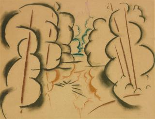 Walter Ophey - Landschaft mit untergehender Sonne. Baumgruppe