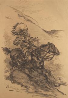 Walter Shirlaw - Native American Hunter on Horseback sight 20 1/2 x 14 1/2 in. framed 32 x 26 in.