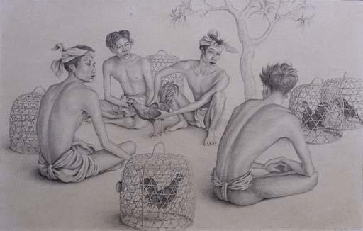 Walter Spies - Four young Balinese with fighting cocks