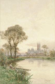 Walter Stuart Lloyd - An Angler Fishing On The Stour Before Canterbury Cathedral