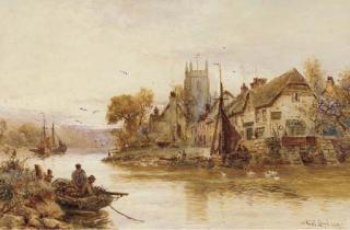 Walter Stuart Lloyd - Moored fishing vessels before a village at sunset