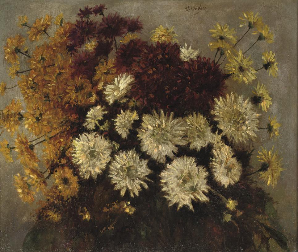 Walter Vaes - A bouquet of white, red and orange asters