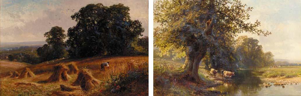 Walter Wallor Caffyn - In the corn fields, Walton, Surrey, looking towards Dorking; and A bit of the river Mole at Norbury, Surrey