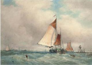 Walter William May - Barges running out of the Scheldt on a blustery day