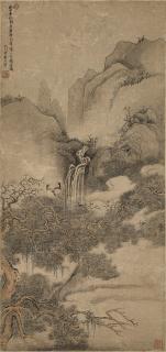 Wang Hui - Magpies, Pine And Waterfall After Tang Yin