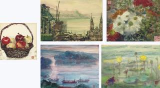 Wang Jiyuan - Basket of Apples; Boats with Sunset; Flowers; Water Lilies & Seashore