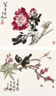 Wang Xuetao - Peony and Narcissus/Peach Blossoms and Birds