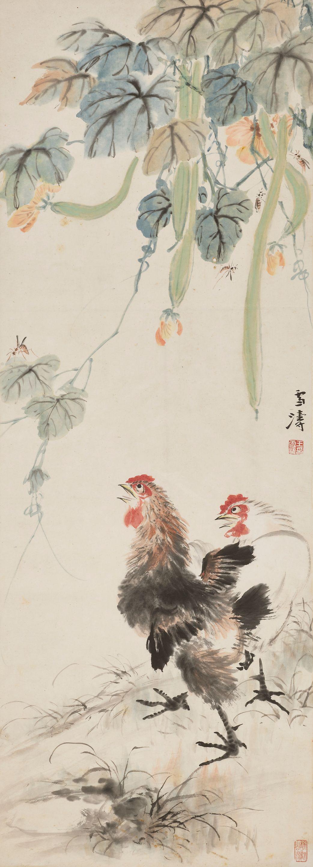 Wang Xuetao - Two Chickens in the Shade of a Gourd Vine