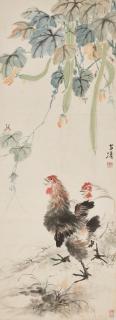Wang Xuetao - Two Chickens in the Shade of a Gourd Vine