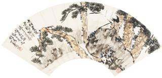 Wang Zhen - Poem In Running Script; Crane And Pine Trees