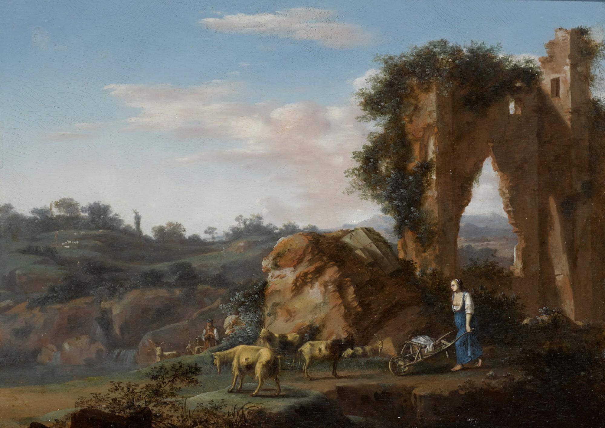 Warnard Van Ryssen - An Italianate Landscape With A Shepherd And His Flock, Together With A Woman Pushing A Wheelbarrow Near Classical Ruins