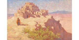 Warren Eliphalet Rollins - Taos Pueblo Scene 10 x 16 in. framed 13 1/2 x 19 1/2 in.