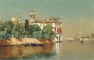 Warren W. Sheppard - A Venetian View With Gondolas On A Canal