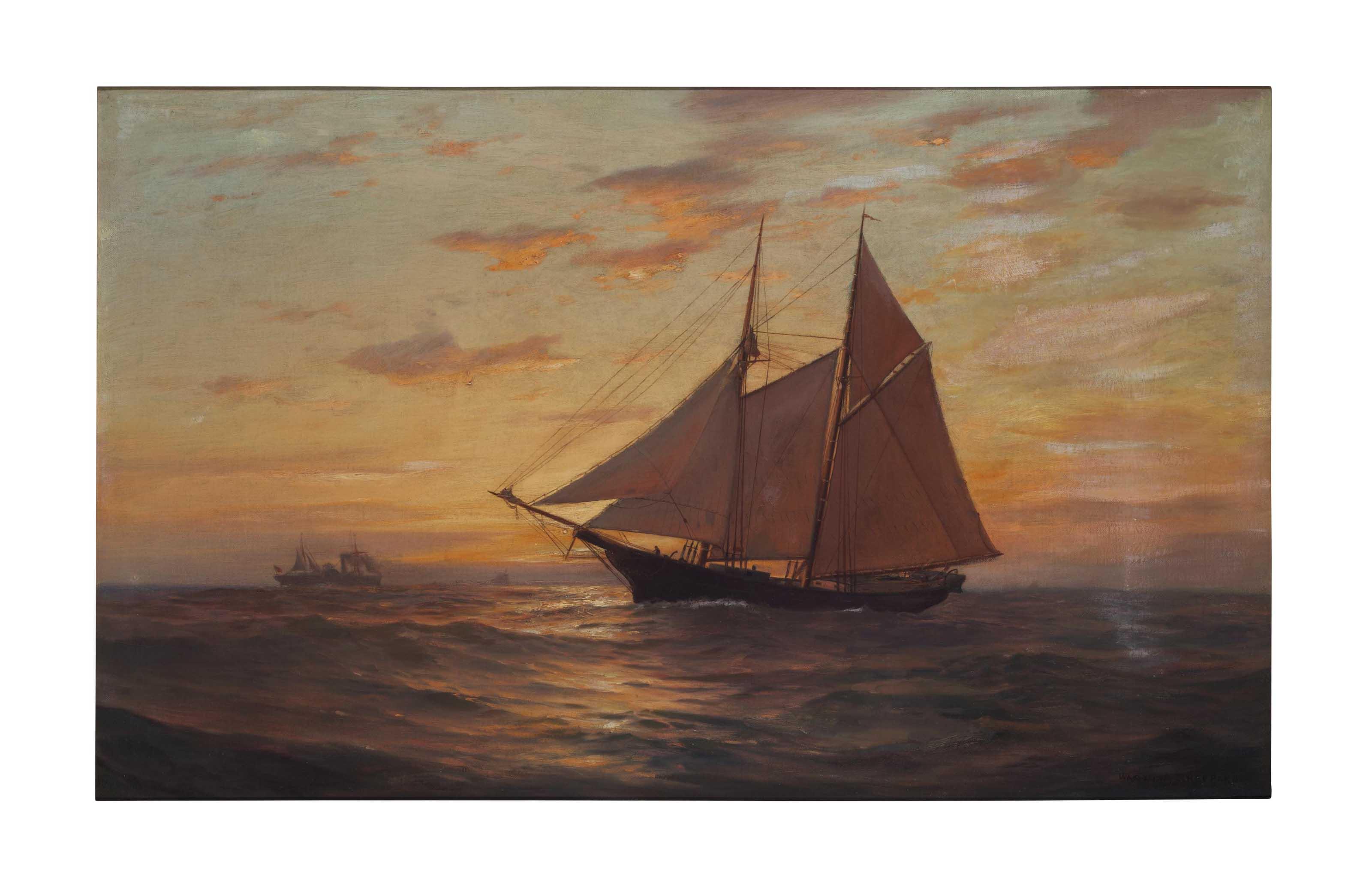 Warren W. Sheppard - Seascape with sailboat at sunset
