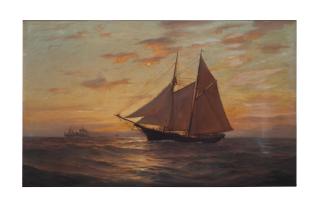 Warren W. Sheppard - Seascape with sailboat at sunset