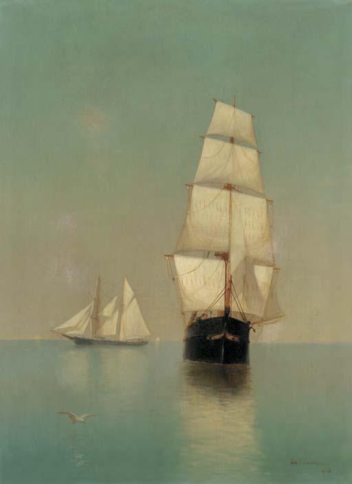 Warren W. Sheppard - Shipping in a calm at sunset