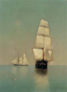 Warren W. Sheppard - Shipping in a calm at sunset