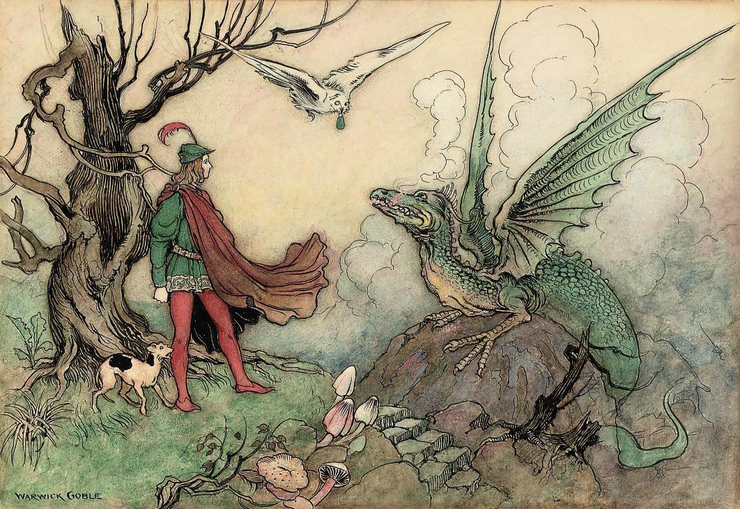 Warwick Goble - A young knight facing a dragon
