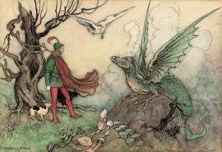 Warwick Goble - A young knight facing a dragon
