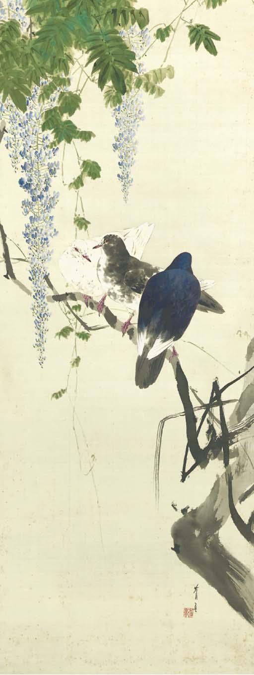 Watanabe Seitei - Toka Gunkyu No Zu (Wisteria And Group of Pigeons)