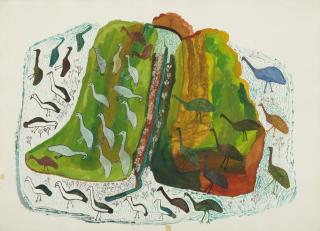 Wattie Karruwara - UNTITLED (LANDSCAPE WITH EMUS, HERON AND SNIPE), CIRCA 1965