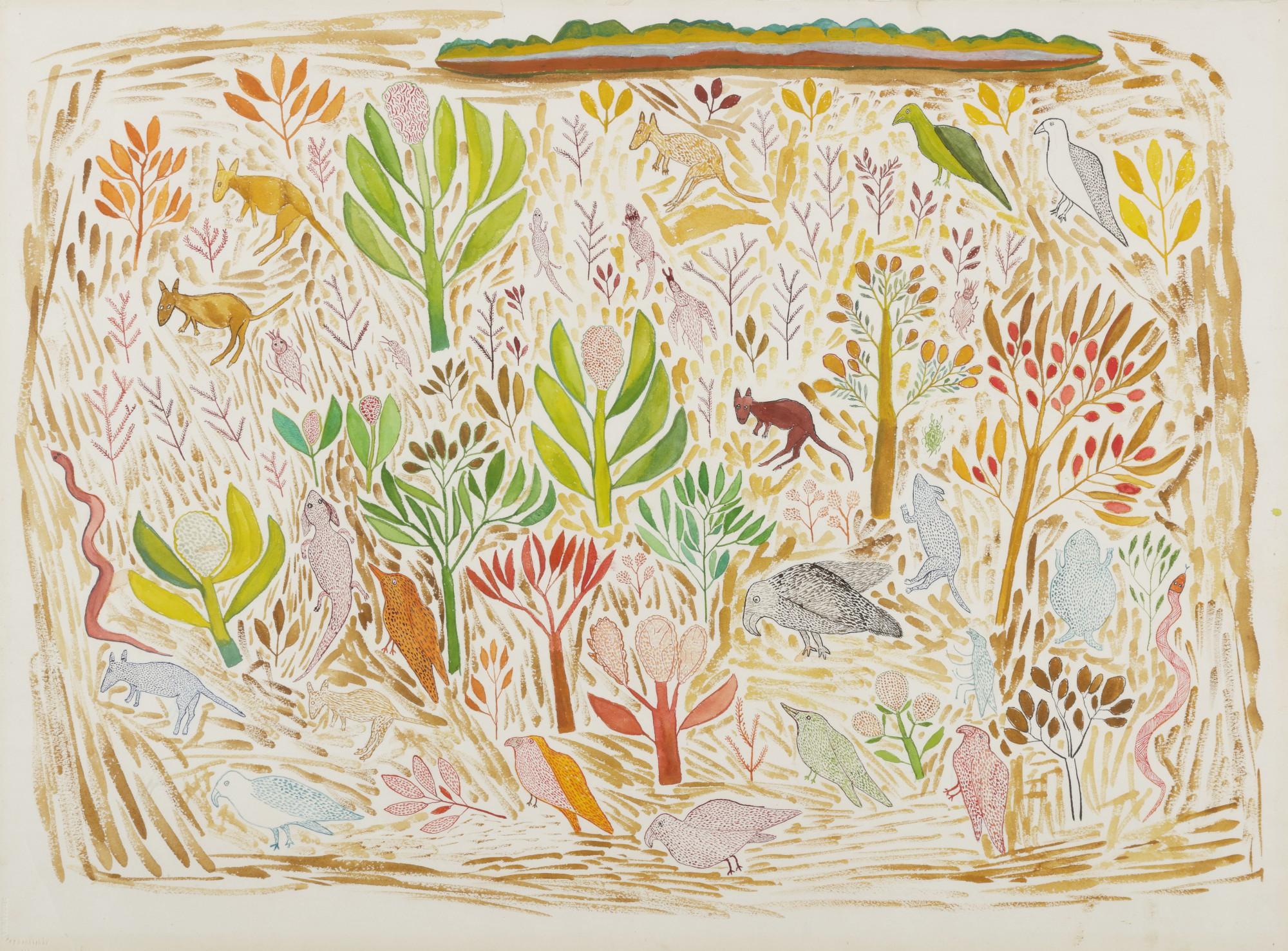 Wattie Karruwara - UNTITLED (LANDSCAPE WITH MARSUPIALS, BIRDS, REPTILES AND INSECTS), CIRCA 1965