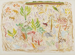 Wattie Karruwara - UNTITLED (LANDSCAPE WITH MARSUPIALS, BIRDS, REPTILES AND INSECTS), CIRCA 1965