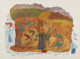 Wattie Karruwara - UNTITLED (LANDSCAPE WITH SNAKES, EMUS AND OTHER BIRDS, WALLABIES AND A GOANNA), CIRCA 1965