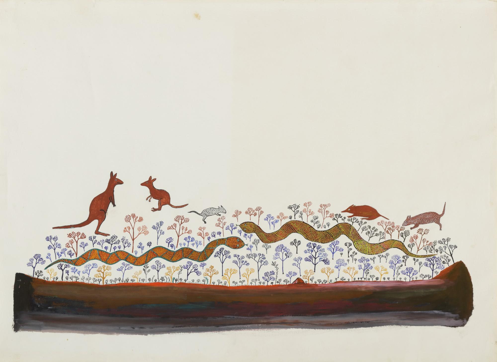 Wattie Karruwara - UNTITLED (LANDSCAPE WITH SNAKES, KANGAROOS, QUOLLS AND BANDICOOT), CIRCA 1965