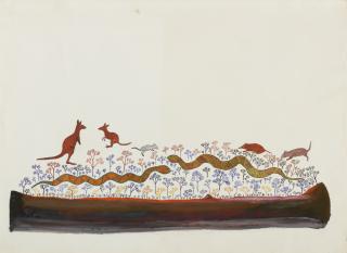 Wattie Karruwara - UNTITLED (LANDSCAPE WITH SNAKES, KANGAROOS, QUOLLS AND BANDICOOT), CIRCA 1965