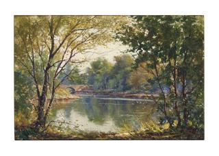 Wayne Beam Morrell - Wooded pond with bridge in the distance