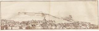 Wenceslaus Hollar - View of the town and fort, Tangier, from the south-east (recto); View from the Bowling Green, Tangier (verso)