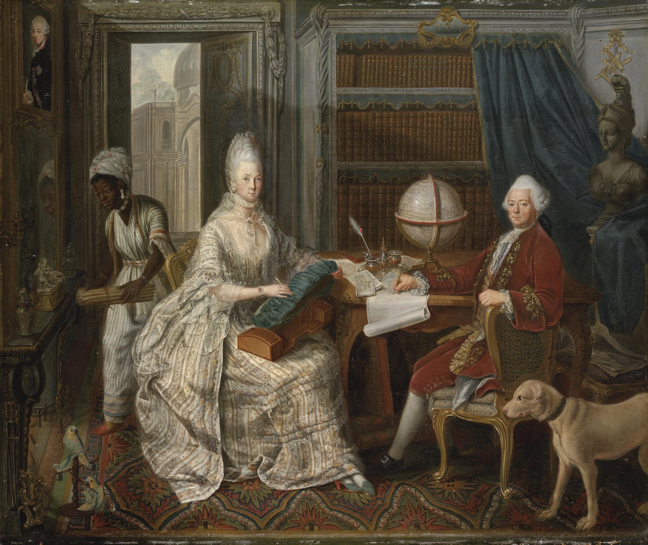 Wenceslaus Wehrlin - Portrait of a nobleman and his wife, with a servant stoking the fire