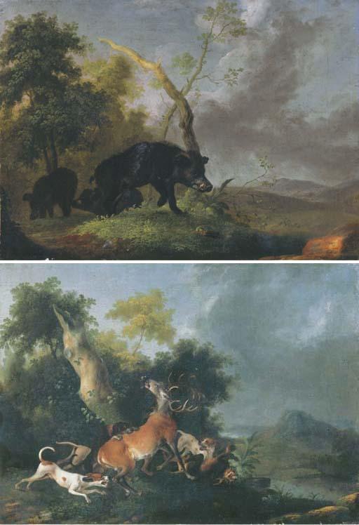 Wenzel Ignaz Prasch - A landscape with boars foraging; and A landscape with hounds bringing down a deer