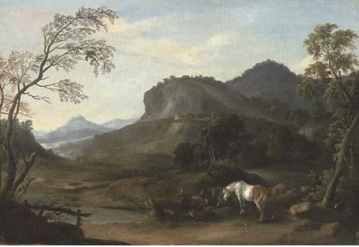 Wenzel Ignaz Prasch - A Mountainous River Landscape With A Shepherd Driving His Sheep And Cattle On A Path; And A Mountainous River Landscape With Horses And Cattle Grazing By A Tree