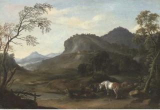 Wenzel Ignaz Prasch - A Mountainous River Landscape With A Shepherd Driving His Sheep And Cattle On A Path; And A Mountainous River Landscape With Horses And Cattle Grazing By A Tree